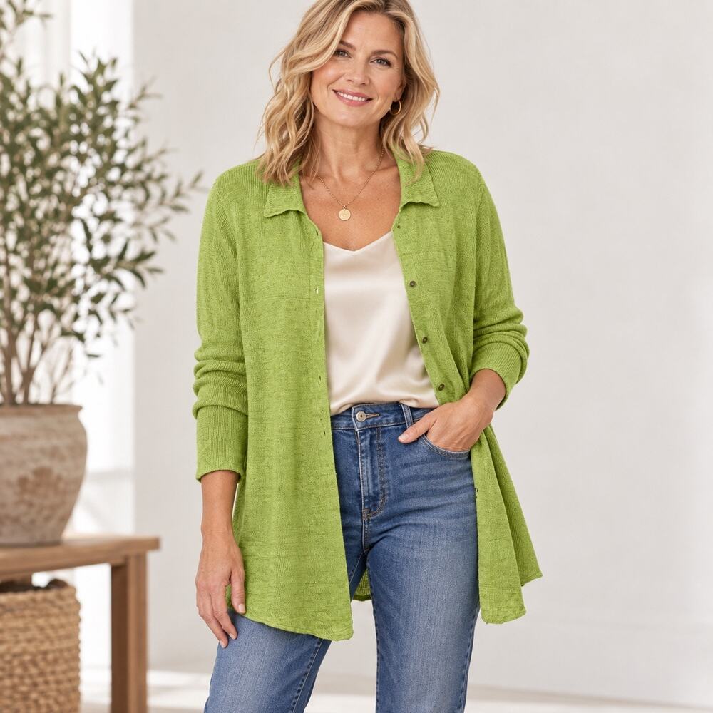 Eileen Fisher Sheer Open Front Cardigan 2X 100% Linen Lime Green Boho Coastal